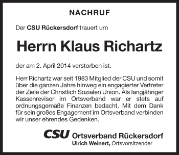 Traueranzeige von Klaus Richartz von Pegnitz-Zeitung